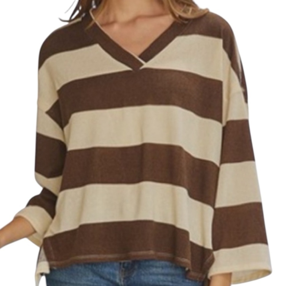 NWT CES FEMME Long Sleeve Striped V-Neck Oversized Relaxed Fit Size Large